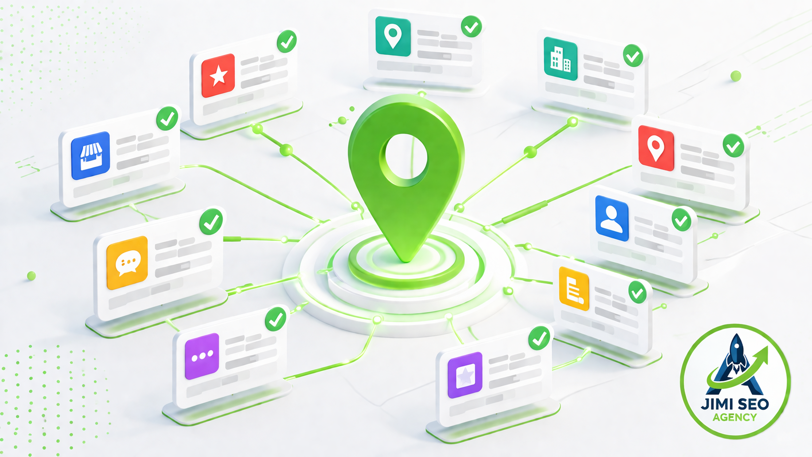 Local citations network map with glowing directory connections supporting Map Pack rankings